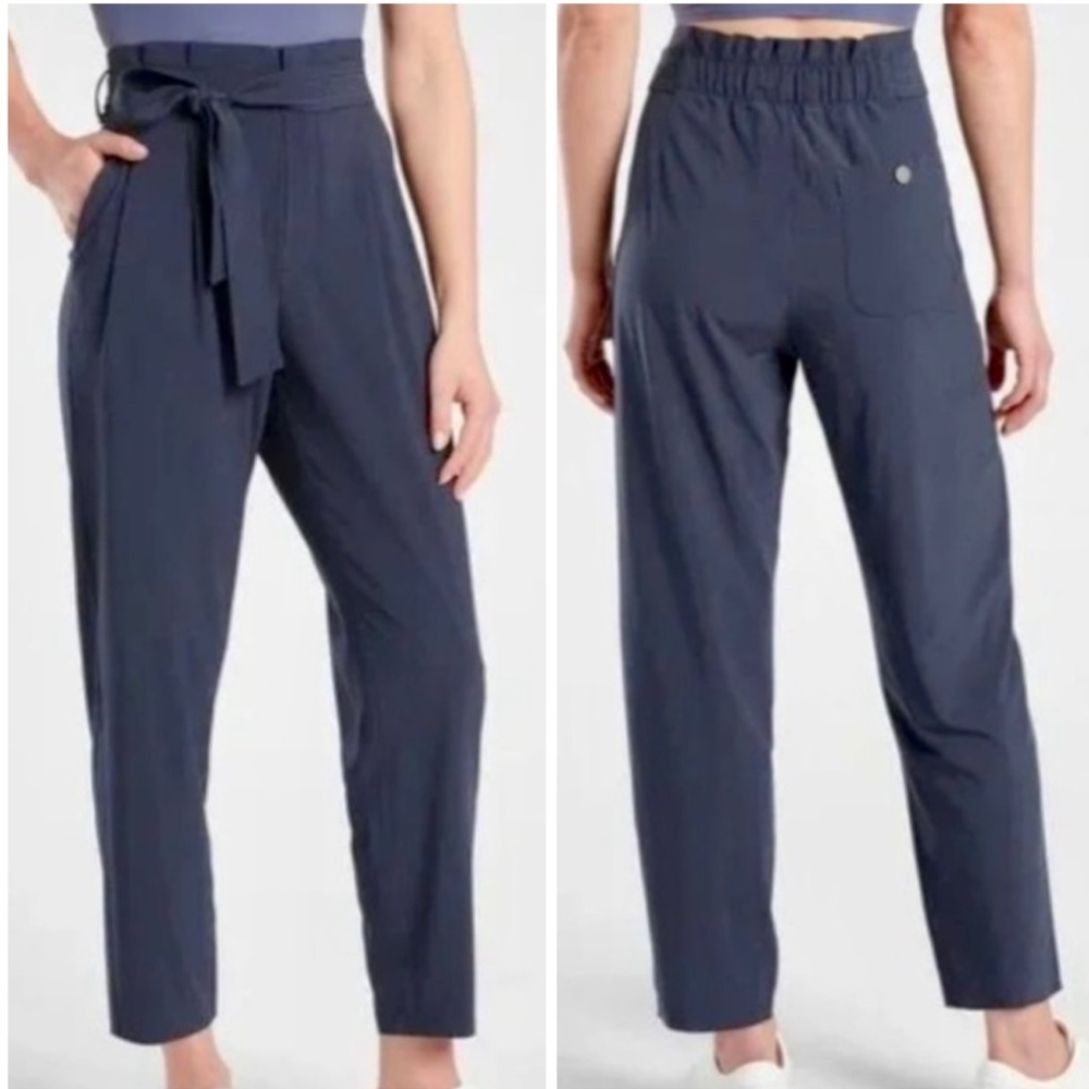 High-Waist Tie-Belt Ankle Pants - Navy
